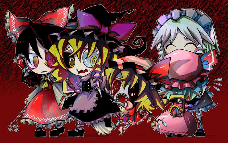 hakurei reimu, kirisame marisa, remilia scarlet, flandre scarlet, and izayoi sakuya (touhou) drawn by senmu_(0107)