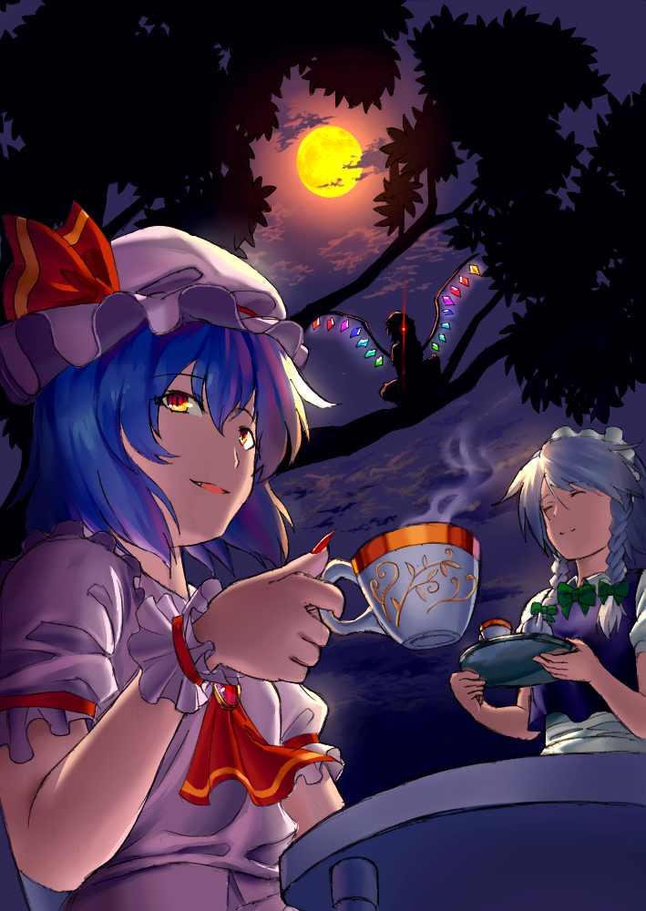 remilia scarlet, flandre scarlet, and izayoi sakuya (touhou) drawn by blew_andwhite