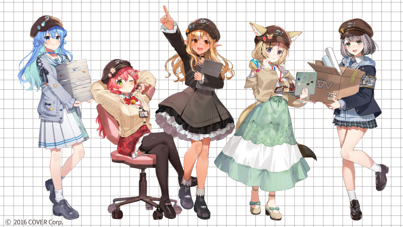 hoshimachi suisei, sakura miko, shirogane noel, shiranui flare, and omaru polka (hololive) drawn by yumesaki_nana