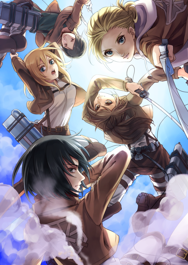 mikasa ackerman, krista lenz, ymir, annie leonhart, and sasha blouse (shingeki no kyojin) drawn by lotter75