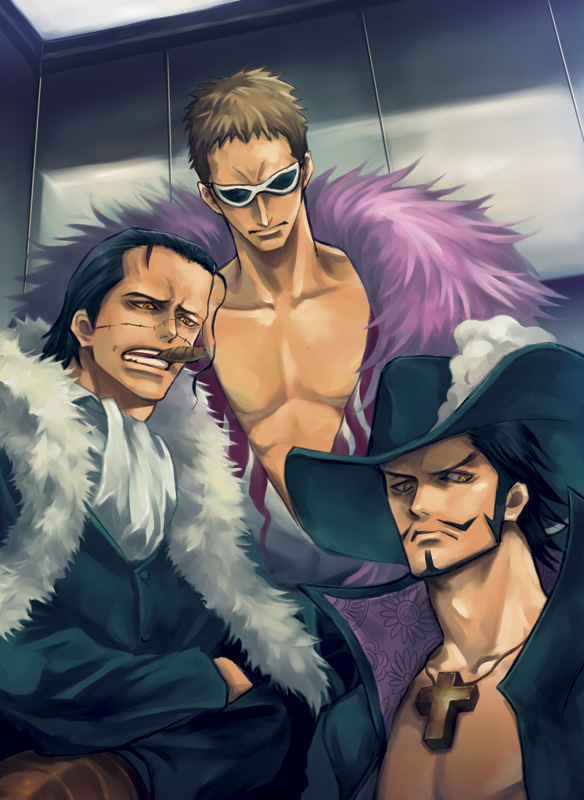donquixote doflamingo, crocodile, and dracule mihawk (one piece) drawn by arisue_kanako