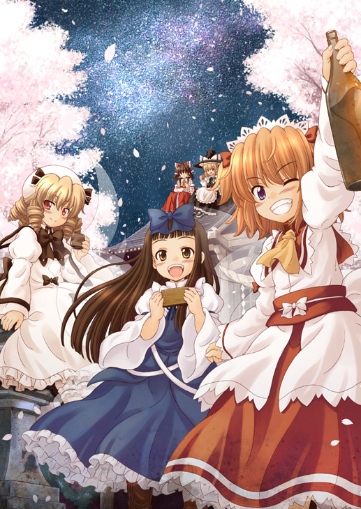 hakurei reimu, kirisame marisa, star sapphire, luna child, and sunny milk (touhou and 1 more) drawn by hirasaka_makoto