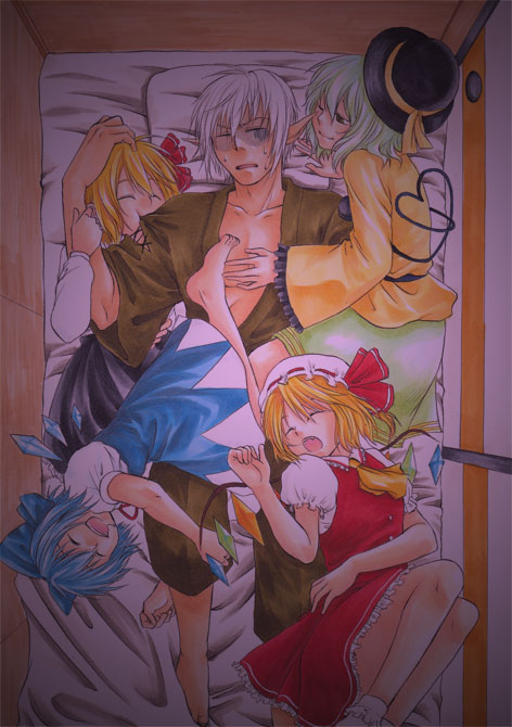 flandre scarlet, komeiji koishi, cirno, rumia, and buront (touhou and 3 more) drawn by amanosora