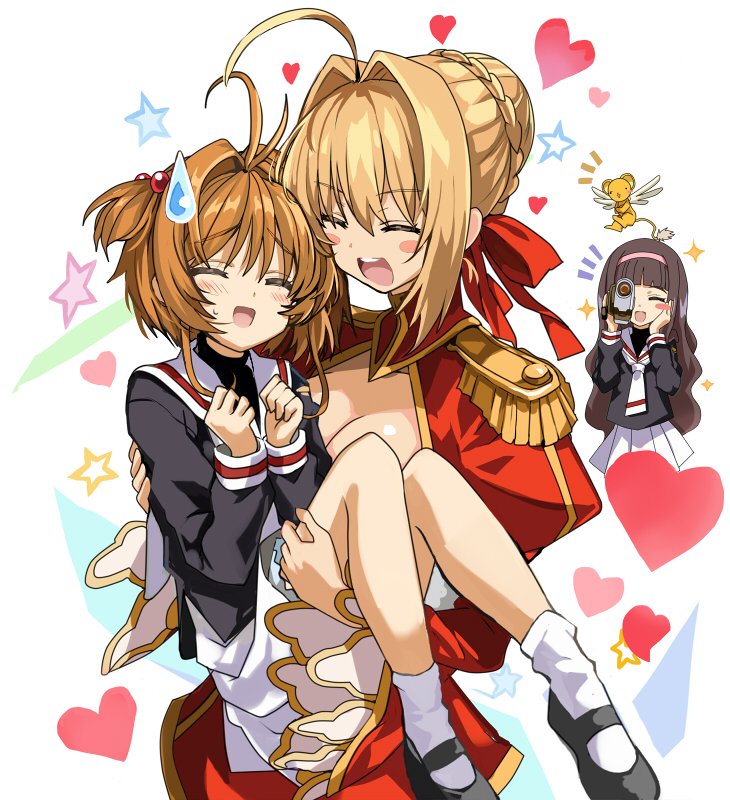 nero claudius, kinomoto sakura, kero, daidouji tomoyo, and tange sakura (fate and 2 more) drawn by shino_(eefy)