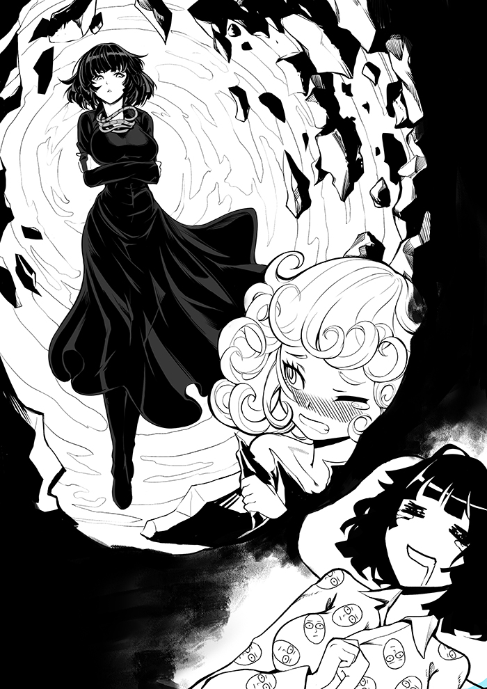tatsumaki, fubuki, and saitama (one-punch man) drawn by goomrrat