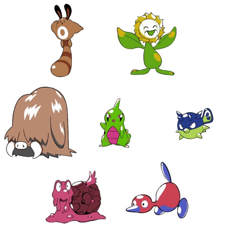 sentret, porygon-z, larvitar, sunflora, qwilfish, and 2 more (pokemon) drawn by tyako_089