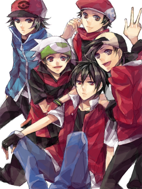 red, ethan, hilbert, brendan, lucas, and 1 more (pokemon and 7 more) drawn by ichi_kawa_ichi