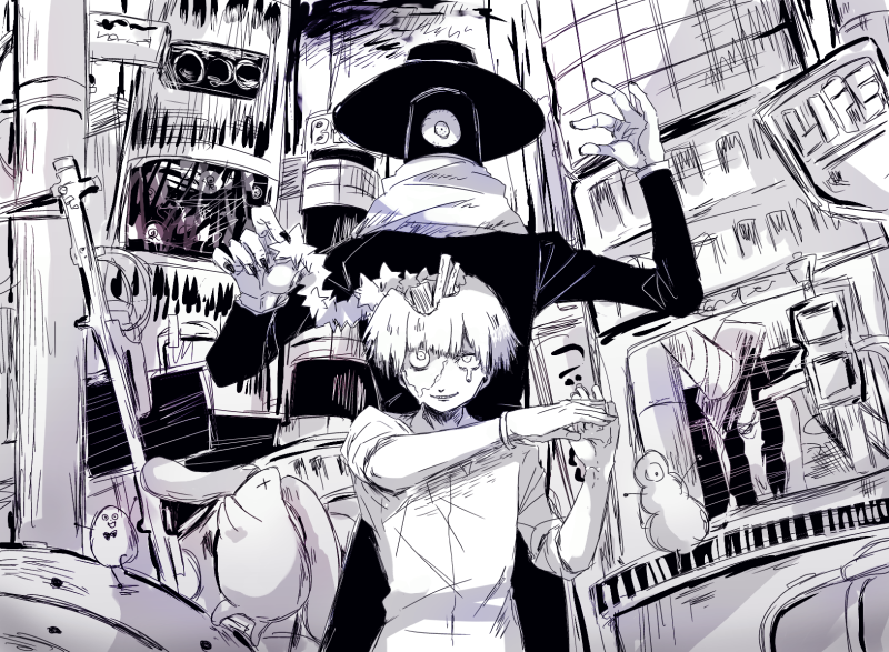 hitotsume-sama, tamago, sebastian, ban-chan, and usa (nonsense bunkaku) drawn by fuji_den_fujiko