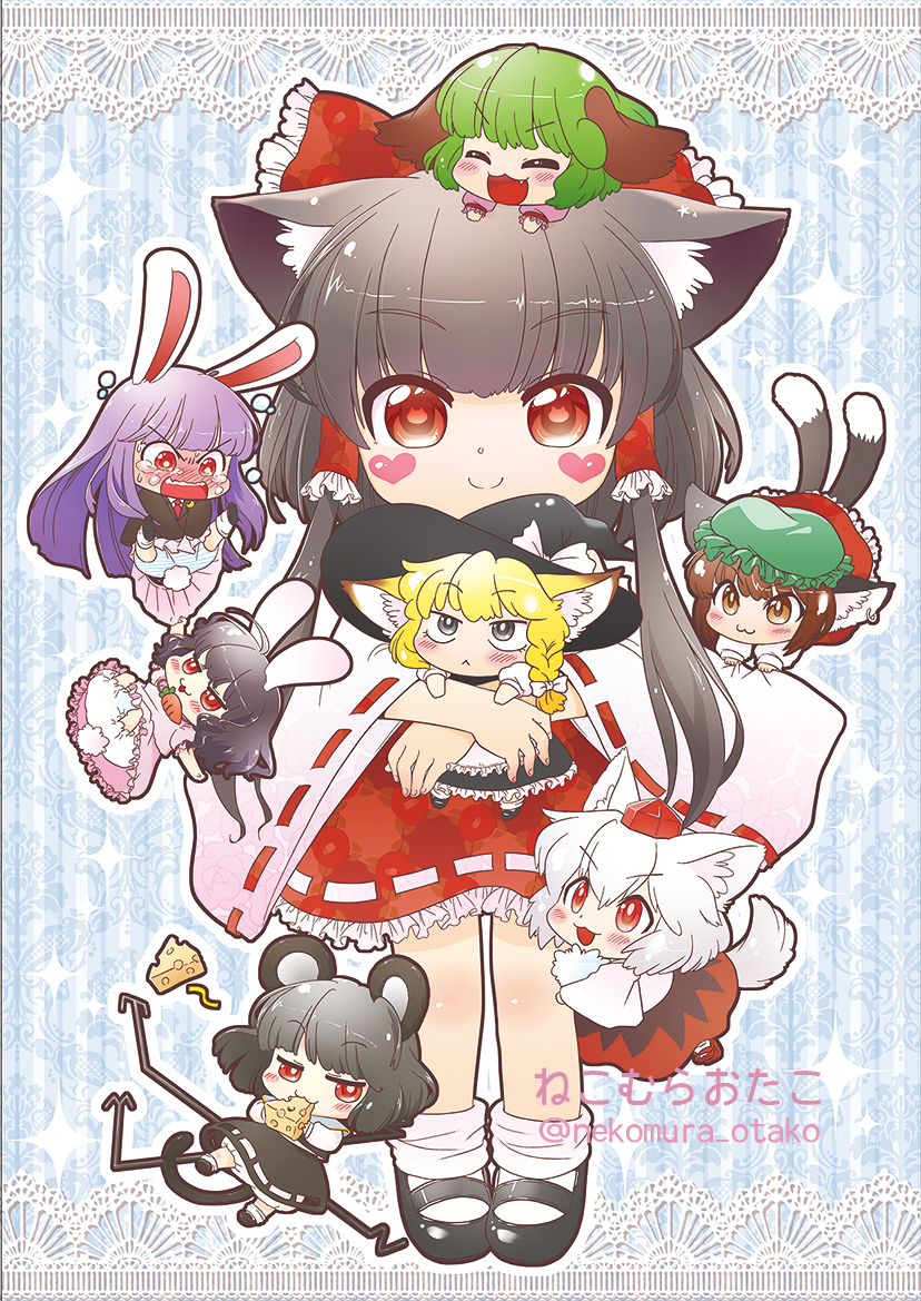 hakurei reimu, kirisame marisa, reisen udongein inaba, inubashiri momiji, chen, and 3 more (touhou) drawn by nekomura_otako