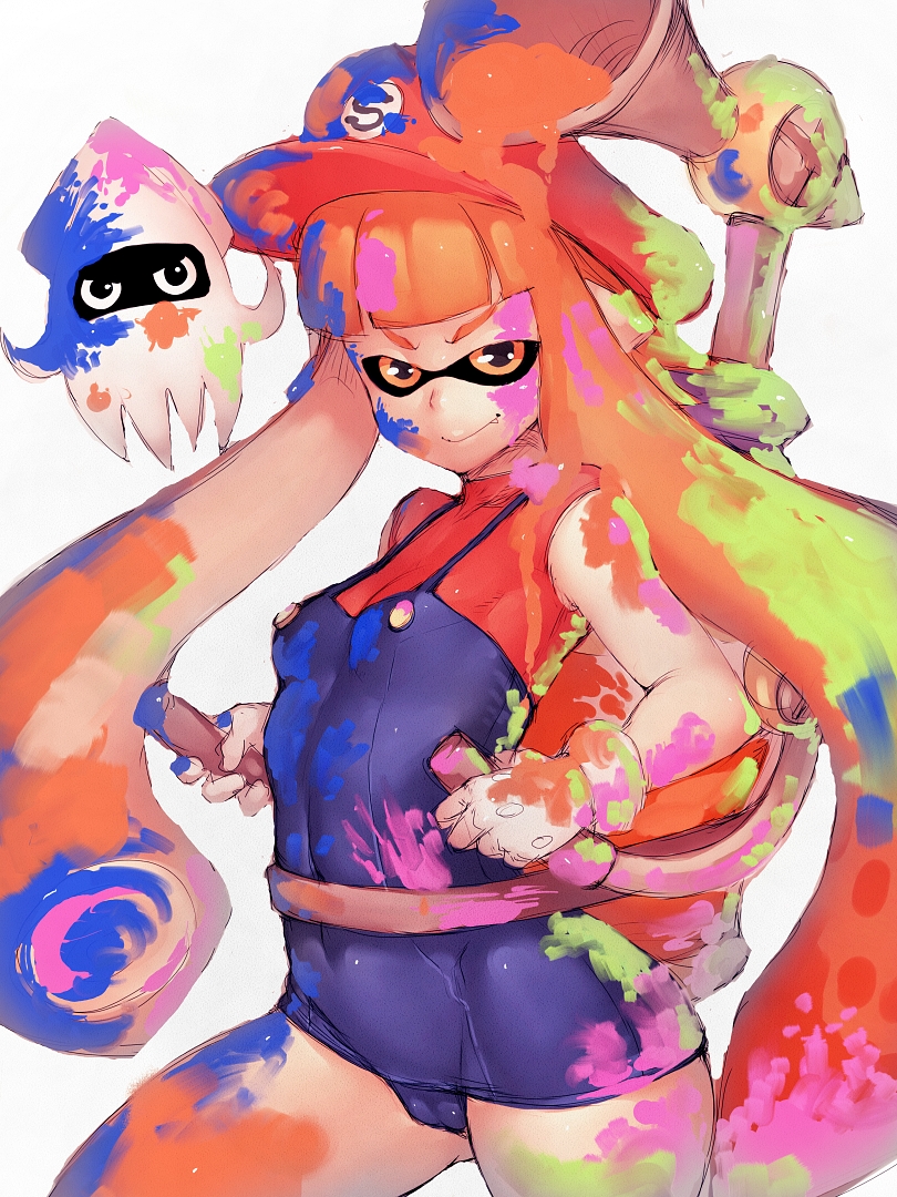 inkling player character, inkling girl, mario, blooper, and f.l.u.d.d. (splatoon and 3 more) drawn by fumio_(rsqkr)
