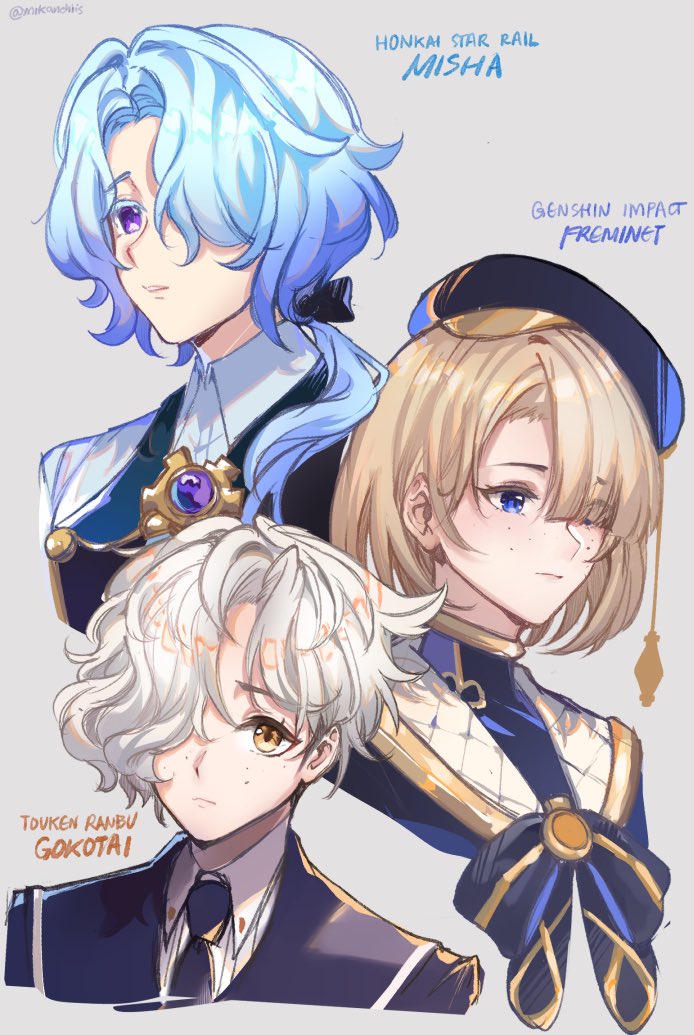 freminet, gokotai, and misha (genshin impact and 4 more) drawn by mikanchii
