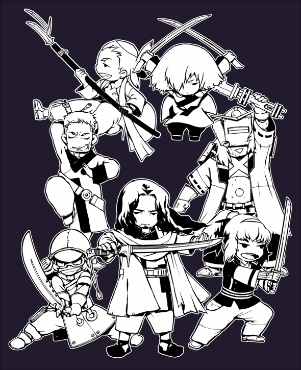 hayashida heihachi, shimada kanbei, kikuchiyo, shichirooji, okamoto katsushiro, and 1 more (samurai 7) drawn by kyuzo