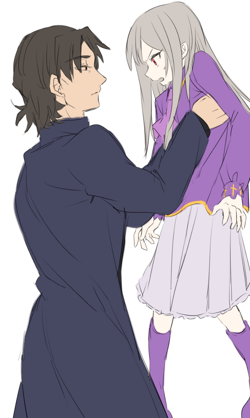 illyasviel von einzbern and kotomine kirei (fate and 1 more) drawn by ameman