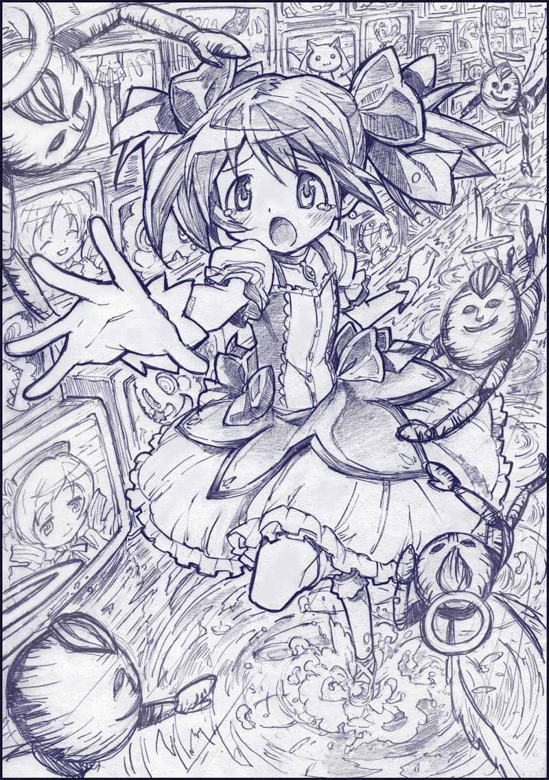 kaname madoka, tomoe mami, kyubey, charlotte, and daniyyel+jennifer (mahou shoujo madoka magica) drawn by sakino_shingetsu