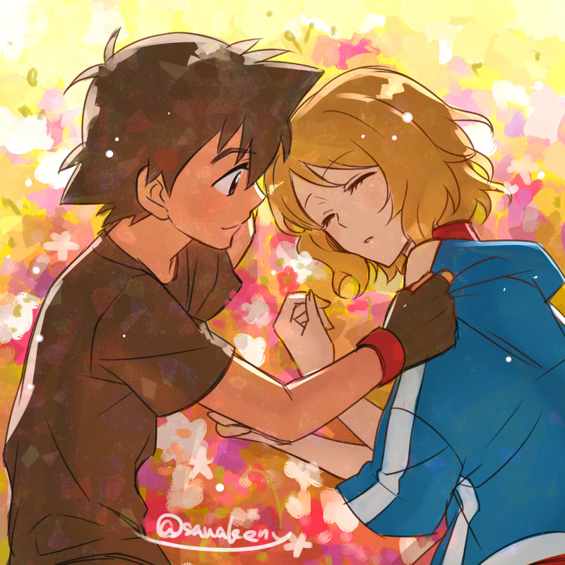 ash ketchum and serena (pokemon and 1 more) drawn by kanimaru