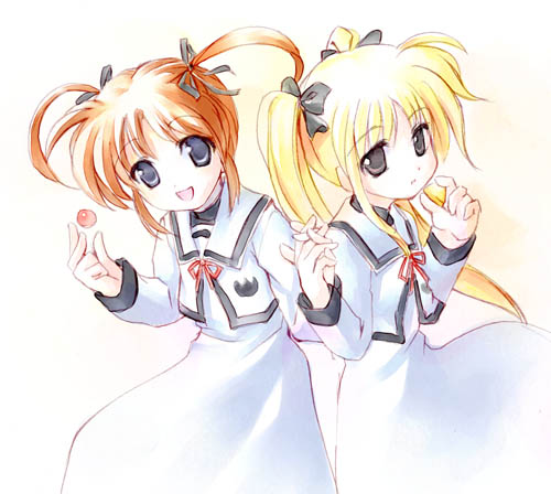 fate testarossa, takamachi nanoha, raising heart, and bardiche (lyrical nanoha and 2 more) drawn by takoyaki_(roast)
