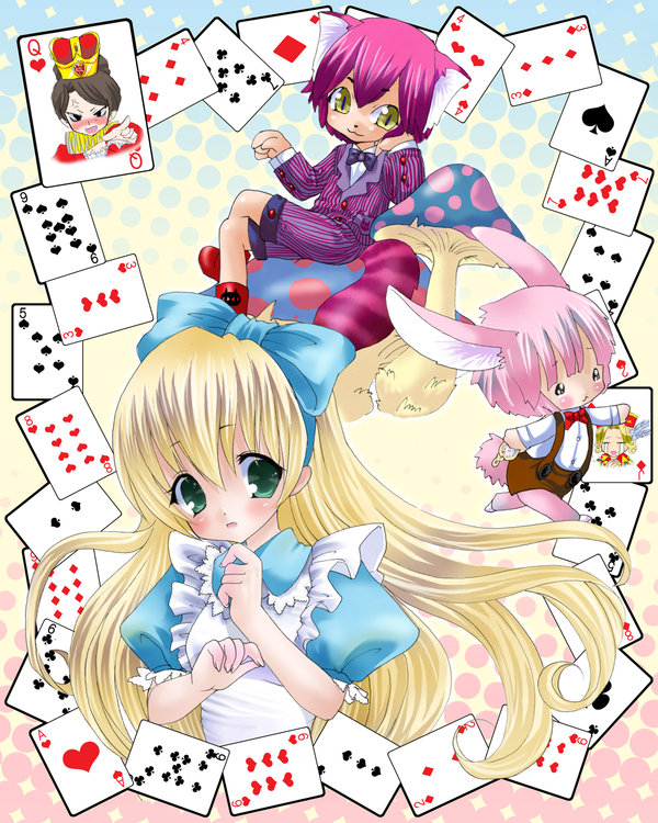 alice, white rabbit, and cheshire cat (alice's adventures in wonderland) drawn by chikkuru