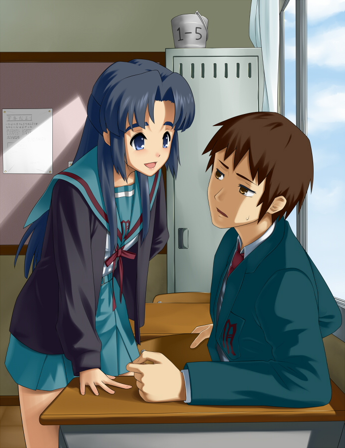 kyon and asakura ryoko (suzumiya haruhi no yuuutsu and 1 more) drawn by gonoike_biwa
