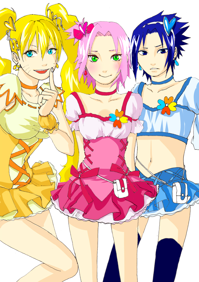 haruno sakura, uzumaki naruto, uchiha sasuke, cure peach, cure pine, and 2 more (precure and 2 more) drawn by haruko_(ya512722)