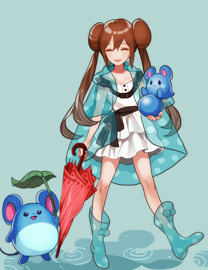 rosa, marill, and azurill (pokemon and 1 more) drawn by 9_(saki-ooo-kiyu)