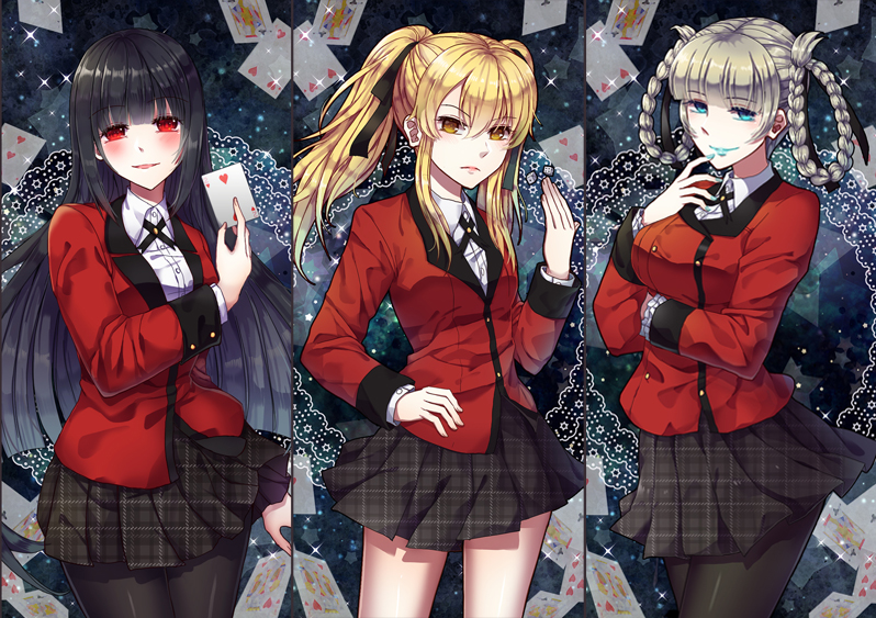 jabami yumeko, momobami kirari, and saotome mary (kakegurui) drawn by tora_(tora_factory)