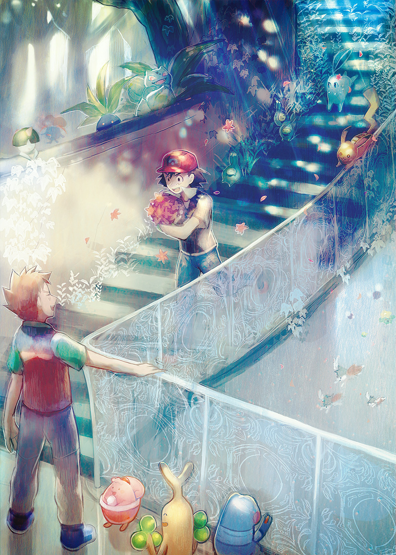 pikachu, ash ketchum, bulbasaur, chikorita, ralts, and 10 more (pokemon and 1 more) drawn by kojijima