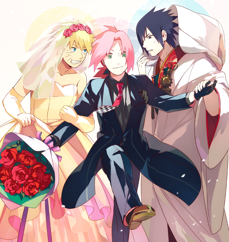 haruno sakura, uzumaki naruto, and uchiha sasuke (naruto) drawn by oba-min