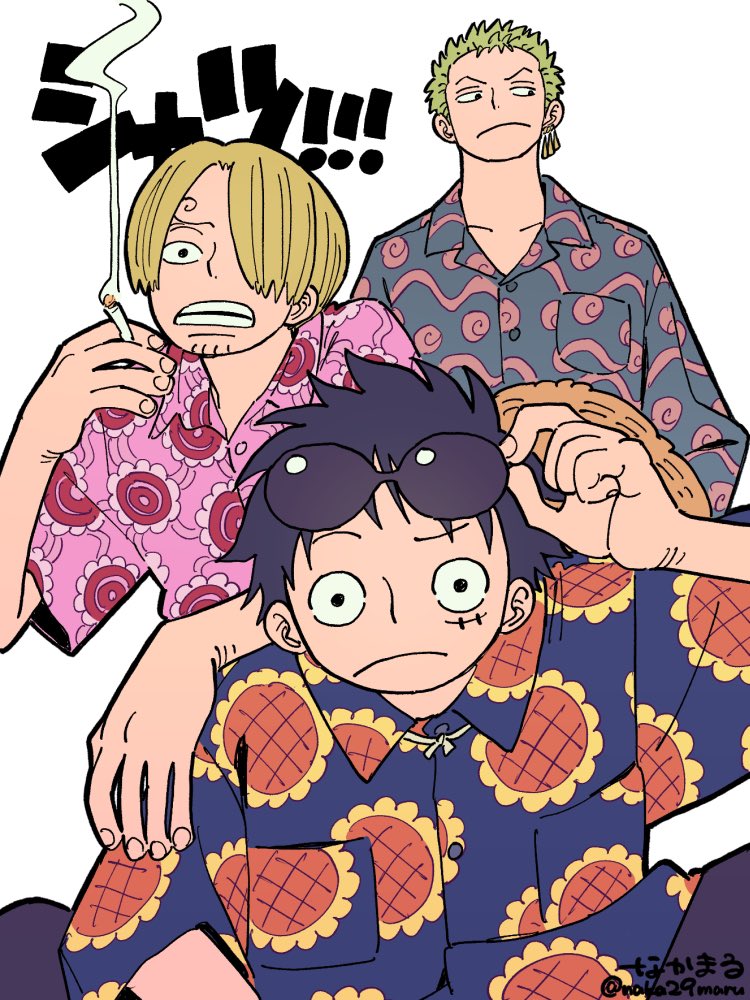 monkey d. luffy, roronoa zoro, and sanji (one piece) drawn by naka29maru
