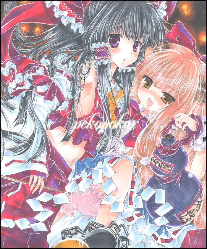 hakurei reimu and ibuki suika (touhou) drawn by pekopokox