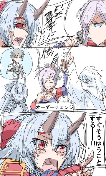 fujimaru ritsuka, miyamoto musashi, tomoe gozen, and merlin (fate and 1 more) drawn by hebi_(rarata6o)