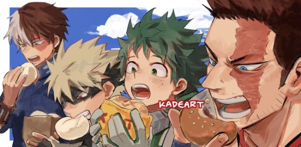 midoriya izuku, bakugou katsuki, todoroki shoto, and endeavor (boku no hero academia) drawn by kadeart