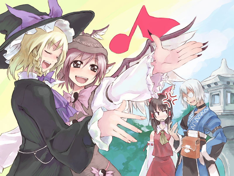 hakurei reimu, kirisame marisa, mystia lorelei, and morichika rinnosuke (touhou) drawn by ushiki_yoshitaka
