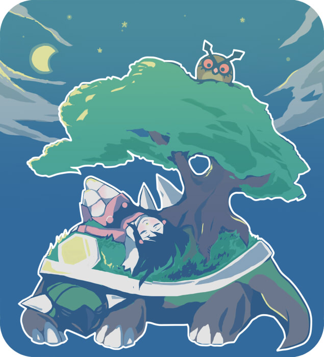 dawn, hoothoot, and torterra (pokemon and 2 more) drawn by tasuku_(bixbite)