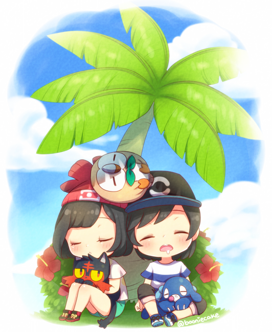 selene, rowlet, elio, popplio, and litten (pokemon and 1 more) drawn by moorina