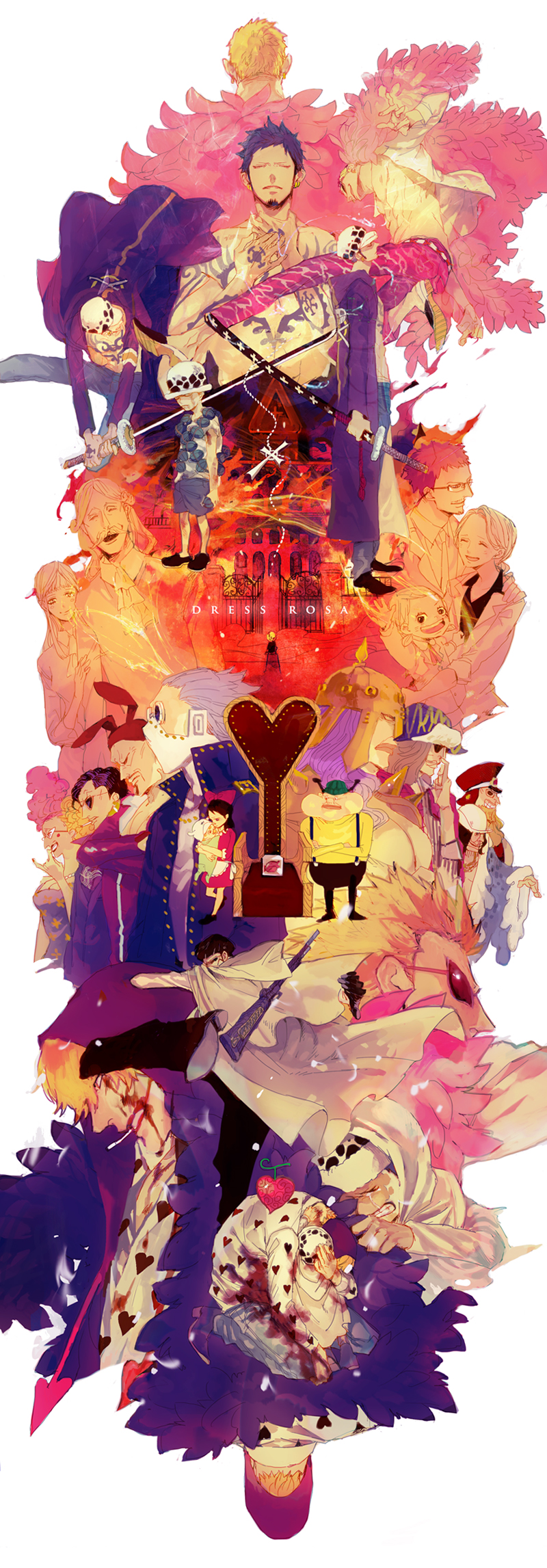 trafalgar law, donquixote doflamingo, donquixote rocinante, baby 5, vergo, and 15 more (one piece) drawn by natsume_(ntm_62)