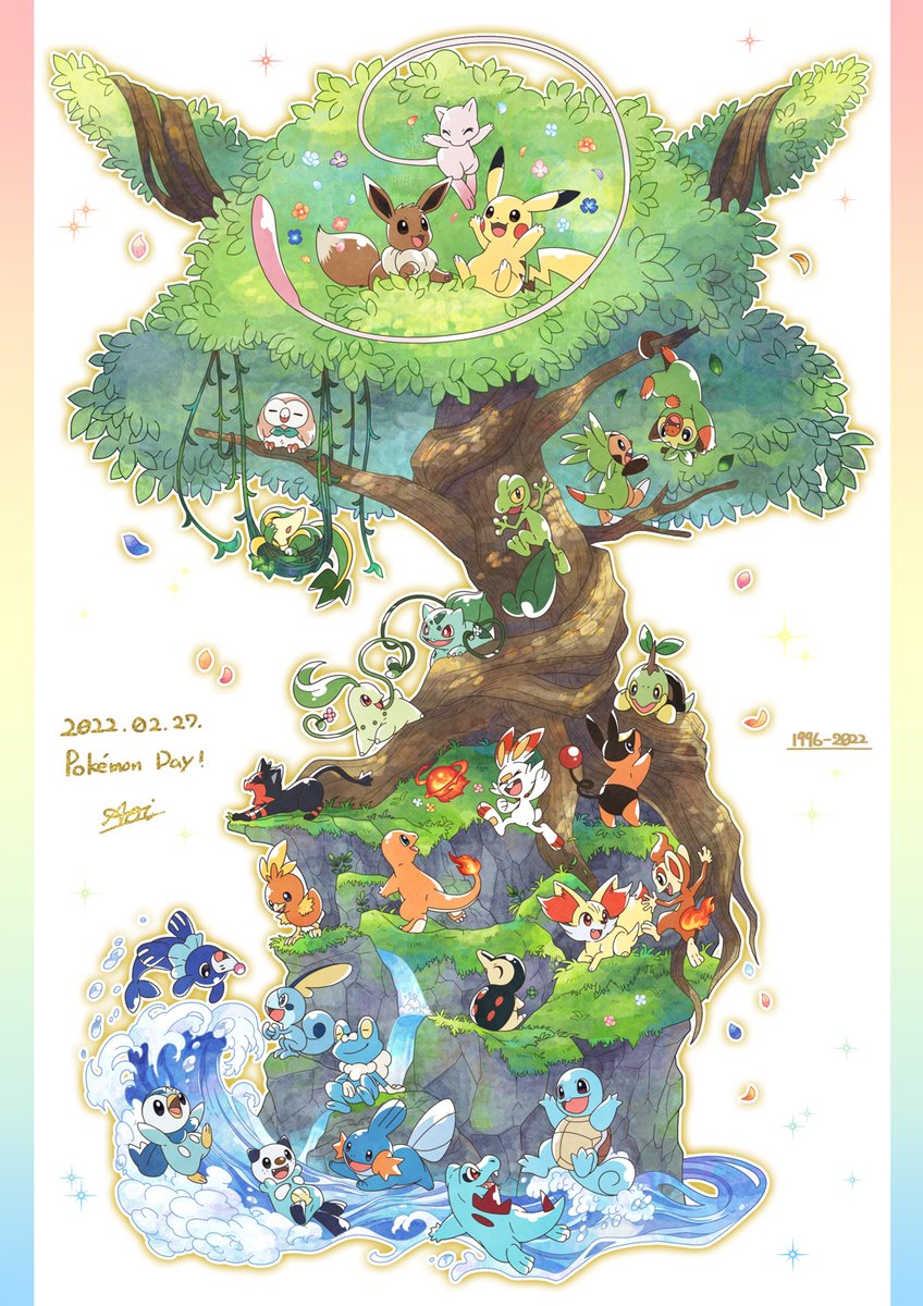 pikachu, eevee, rowlet, bulbasaur, scorbunny, and 20 more (pokemon) drawn by ichinoseyui