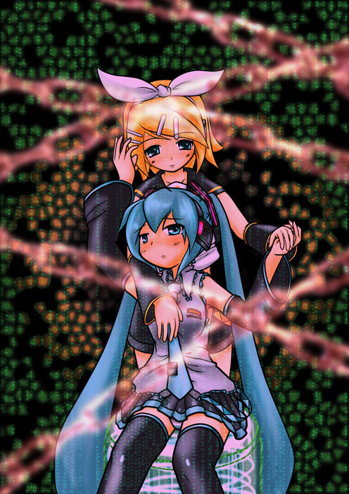 hatsune miku and kagamine rin (vocaloid) drawn by kou_(haijindeath)