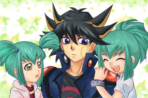 fudo yusei, luca, and lua (yu-gi-oh! and 1 more) drawn by akina