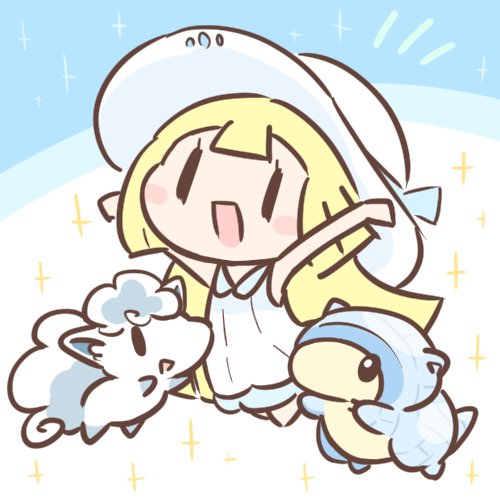 lillie, alolan vulpix, and alolan sandshrew (pokemon and 1 more) drawn by cafe_(chuu_no_ouchi)