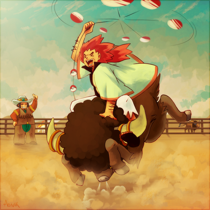 rapidash, alder, tauros, clay, and bouffalant (pokemon and 1 more) drawn by aonik