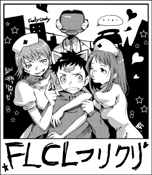 haruhara haruko, samejima mamimi, nandaba naota, and canti (flcl) drawn by bf._(sogogiching)