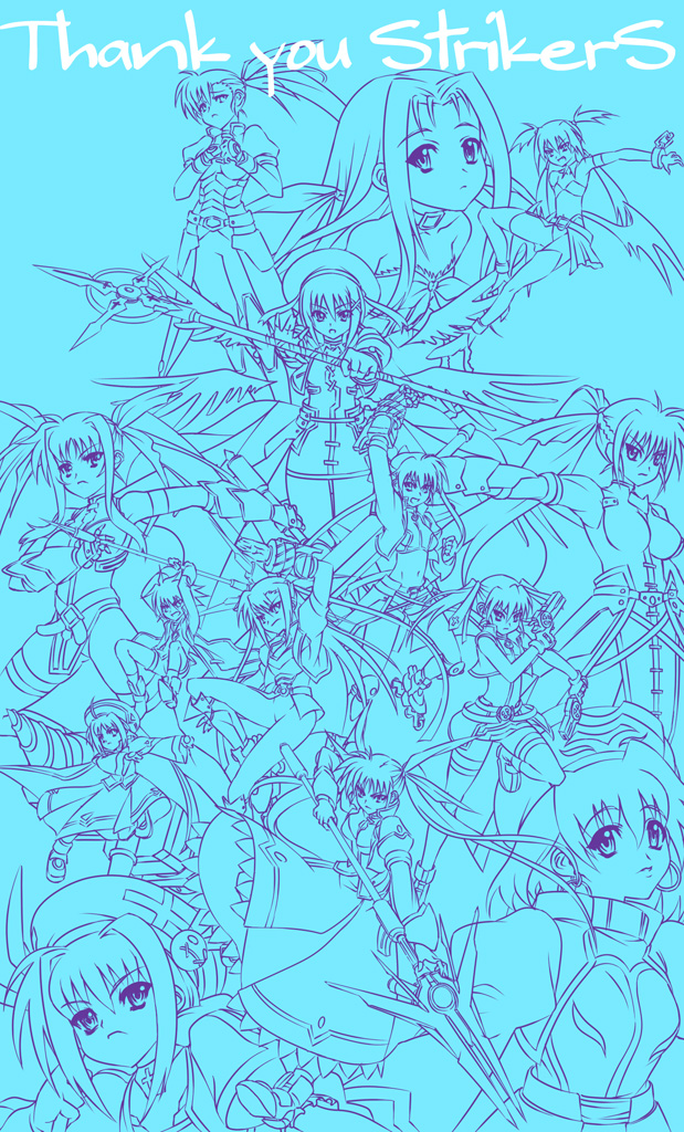 fate testarossa, takamachi nanoha, yagami hayate, raising heart, bardiche, and 20 more (lyrical nanoha and 1 more) drawn by nekomamire