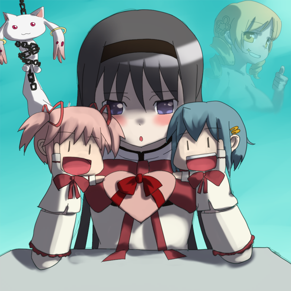 akemi homura, kaname madoka, miki sayaka, tomoe mami, and kyubey (mahou shoujo madoka magica) drawn by cometch