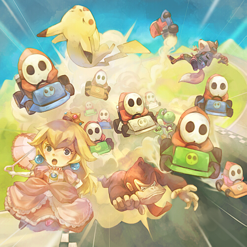 pikachu, princess peach, yoshi, donkey kong, fox mccloud, and 1 more (pokemon and 6 more) drawn by sui_(petit_comet)