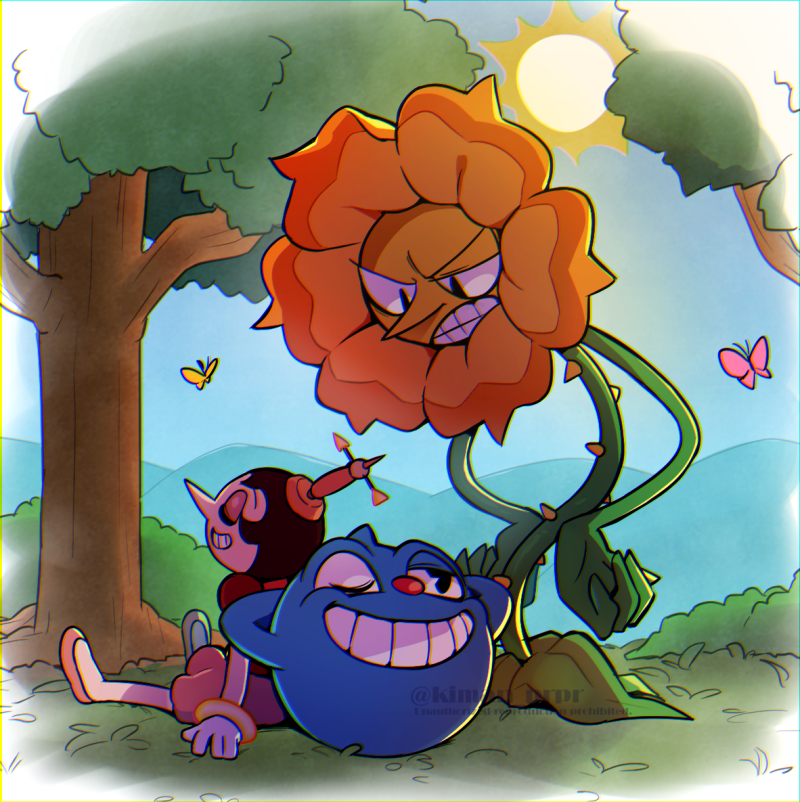 cagney carnation, goopy le grande, and hilda berg (cuphead) drawn by kiman