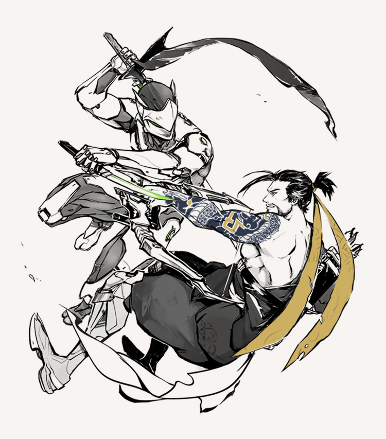 genji and hanzo (overwatch and 1 more) drawn by hiruchan