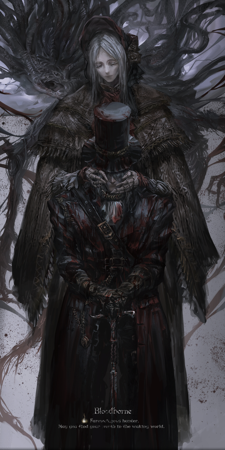 hunter, plain doll, and moon presence (bloodborne) drawn by stu_dts
