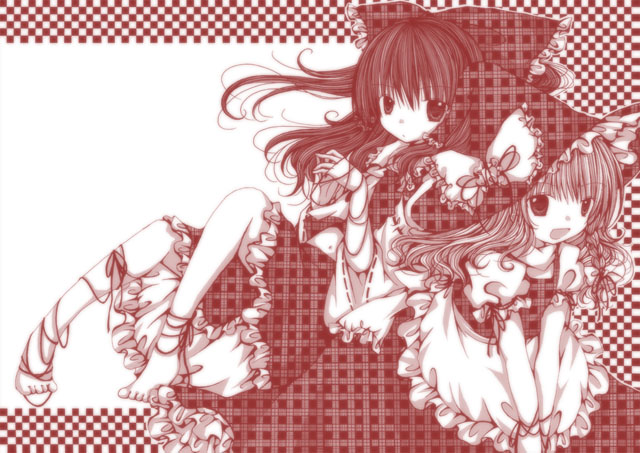 hakurei reimu and kirisame marisa (touhou) drawn by kasuga_sunao