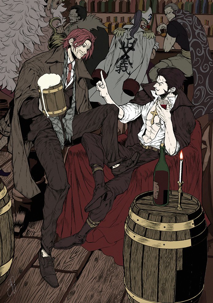 donquixote doflamingo, crocodile, shanks, buggy the clown, dracule mihawk, and 1 more (one piece) drawn by deadjuice