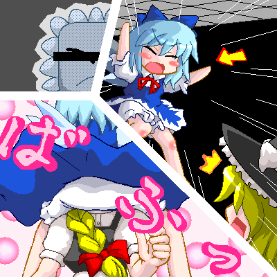 kirisame marisa, cirno, and thwomp (touhou and 3 more) drawn by myonde